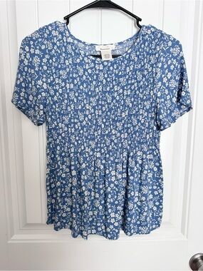 T.J.Maxx Blue and White Floral Smocked Peplum Blouse